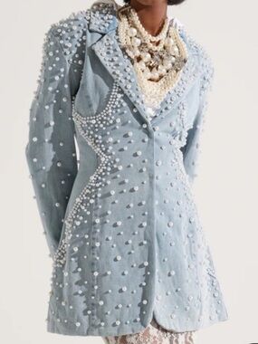 AKIRA Alix Pearl Embellished Light Blue Denim Blazer